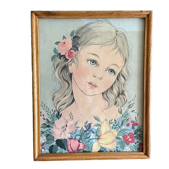 Vintage Miki Ferro 50s/60s Print Drawing Blond Blue Eyed Girl Framed Floral - Picture 1 of 5